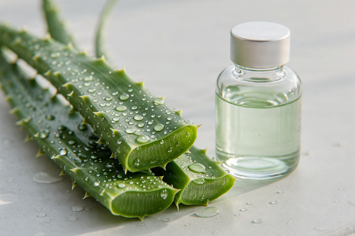 Dettaglio ravvicinato di foglie di aloe vera fresca con gocce d'acqua e un flacone di gel naturale