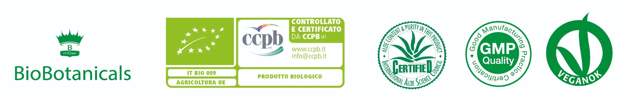 Marchi BioBotanicals, CCPB biologico, IASC Aloe, GMP Quality e VEGANOK